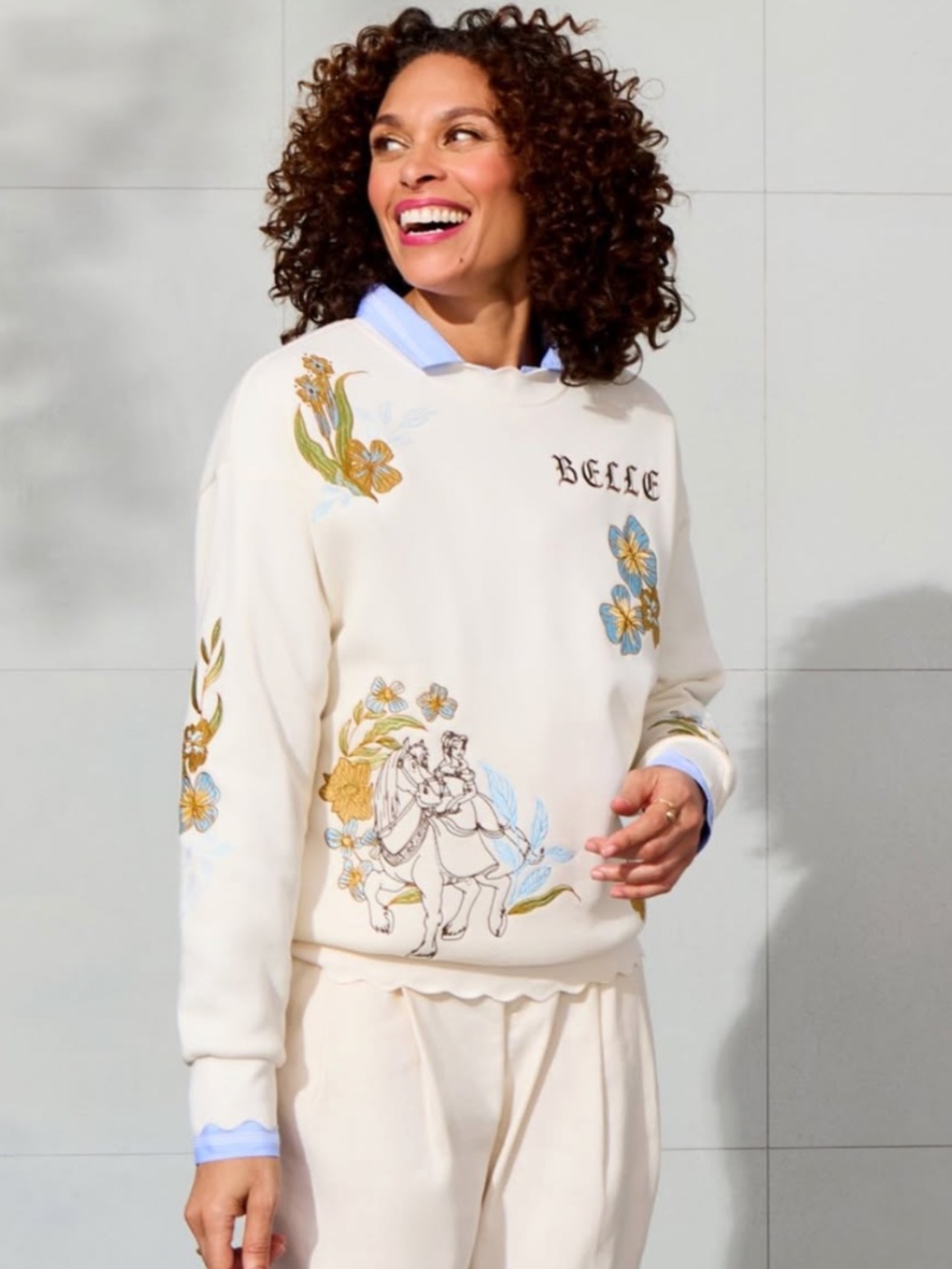 Disney Belle Sweatshirt Size Large Embroidered Scalloped (NOTE FLAWS) (V)